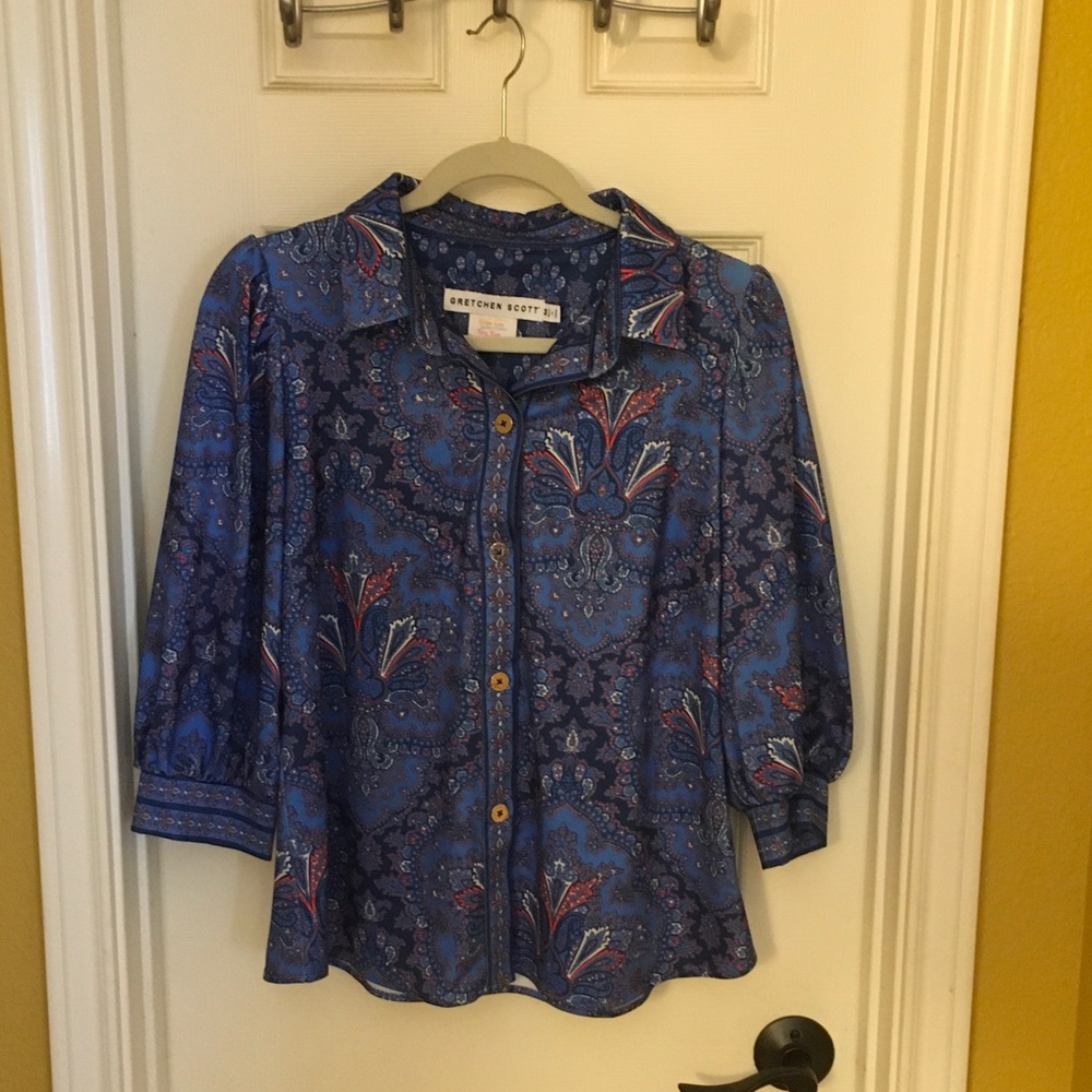 Gretchen Scott blue/red Paisley Button-Down Blouse